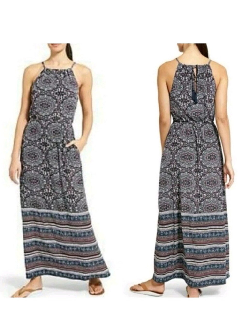 Athleta Island Life Maxi Dress Halter Tassle Tie Boho Medallion Print Blue S